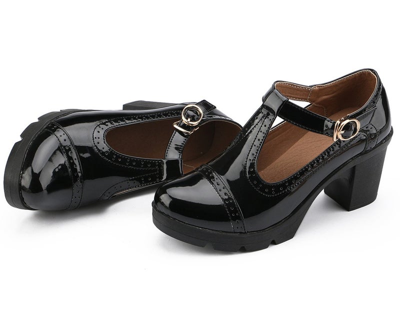 DADAWEN Women's Classic T-Strap Platform Mid-Heel Square Toe Oxfords Dress Shoes Black US Size 6 - Image 3